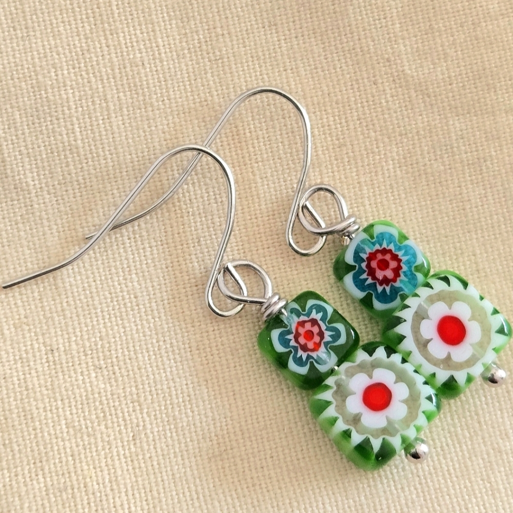 Red, White And Green Glass Earrings